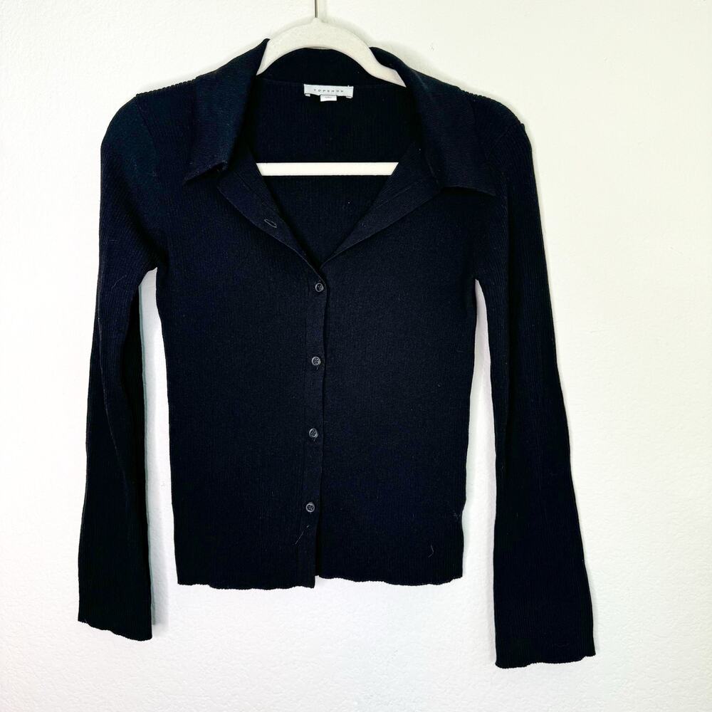Topshop Black Ribbed Button Front Top - Picture 3 of 9